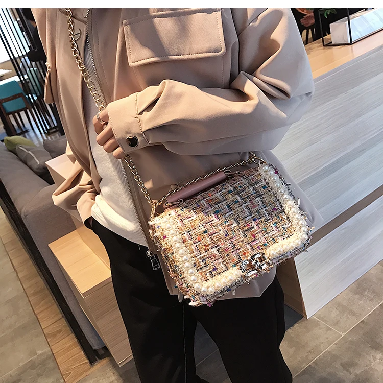 Winter Fashion New Female Square Tote bag Quality Woolen Pearl Women's Designer Handbag Ladies Chain Shoulder Crossbody Bag