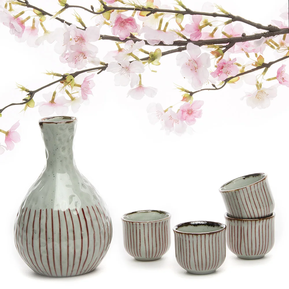 4 Sake Cups + 1 Sake Pot Pottery Porcelain China Wine Set Handpainted