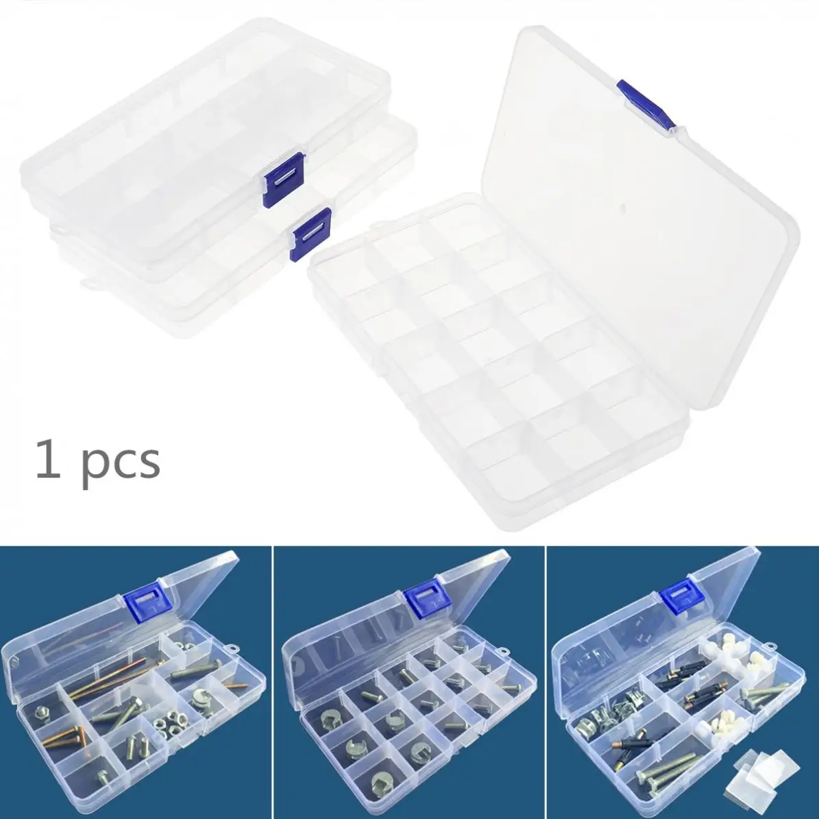 

15 Grid Adjustable Transparent Plastic Jewelry Ring Earrings Box CaseDetachable Hardware Tool Box Assortment Box with Lid