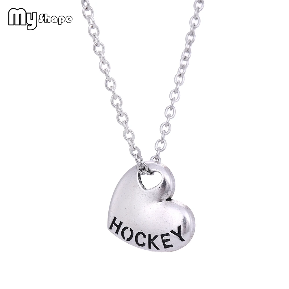 

my shape Hollow Heart Shape HOCKEY Engraved Pendant Necklace Antique Silver Plated Metal Necklaces Sports Style Handmade Jewelry