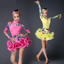 Платье для латинских танцев для девочек, детское танцевальное трико с юбкой с длинными рукавами, комплекты для выступлений, соревнований, Стандартные Детские костюмы принцессы