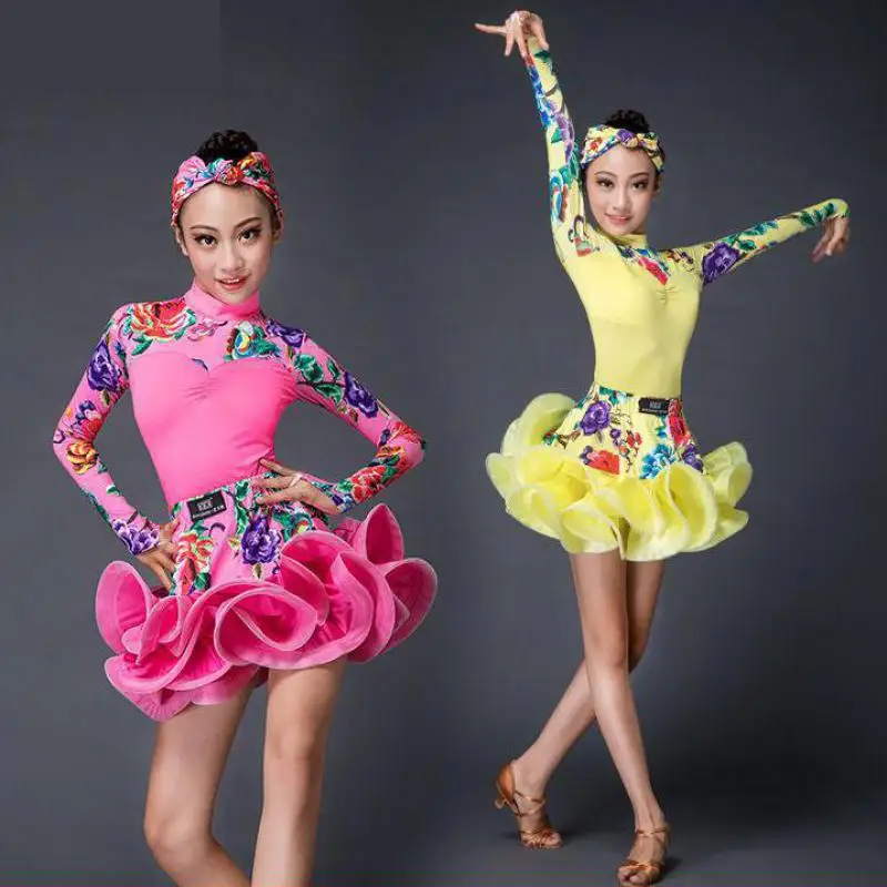

Girls Latin Dance Dress Children Long Sleeve Dance Leotard Skirt Sets Performance Competition Standard Kids Princess Costumes