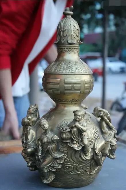 

free 14" China FengShui Brass Exorcise Evil Eight Immortals God Cucurbit Gourd Statue fast