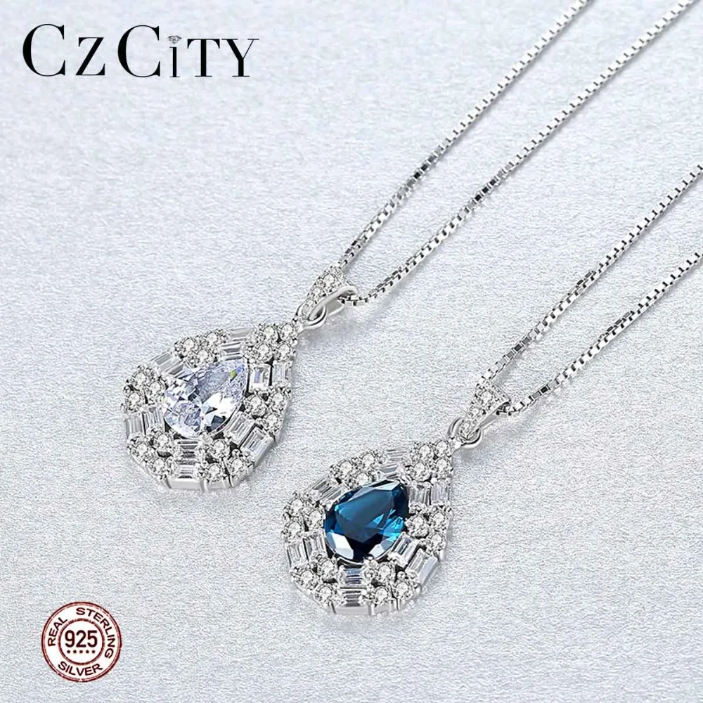 CZCITY Gorgeous 925 Sterling Silver Water Drop Pendant Necklace for Women 2 Colors Luxury Big Gemstone Wedding Jewelry | Украшения и