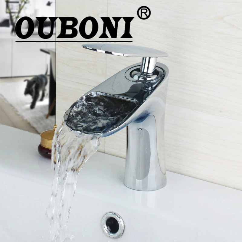 

OUBONI Silver Deck Mounted Waterfall Bathroom Wash Basin Sink Faucets,Mixers & Taps Chrome Polished Bathroom Faucet