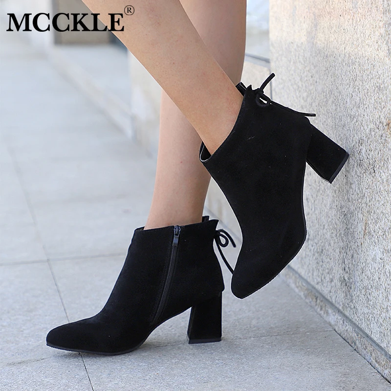 

MCCKLE Women Ankle Boots Spring High Heels Faux Suede Plus Size Short Boot Zipper Chunky Thick Heel Shoes Ladies Casual Shoes