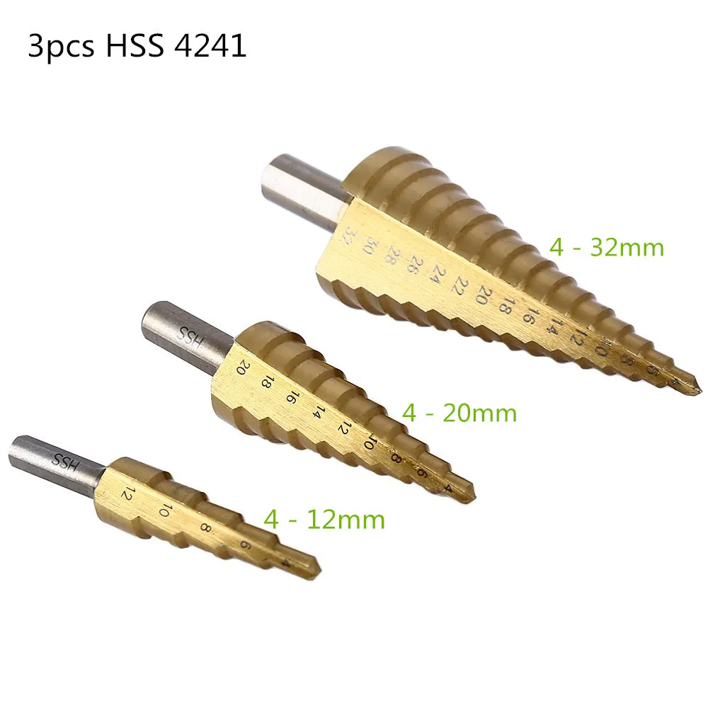 

3Pcs 4-12/20/32mm HSS Step Cone Drill Bit Set Power Tools Hole Cutter Woodworking Metal Wood Triangle Shank Titanium Coated