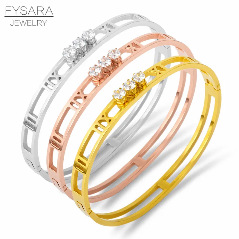 

FYSARA Classic Gold-Color Hollow Roman Numeral Bangles Female Famous Brand Three Crystals Love Bangles Stainless Steel Jewelry