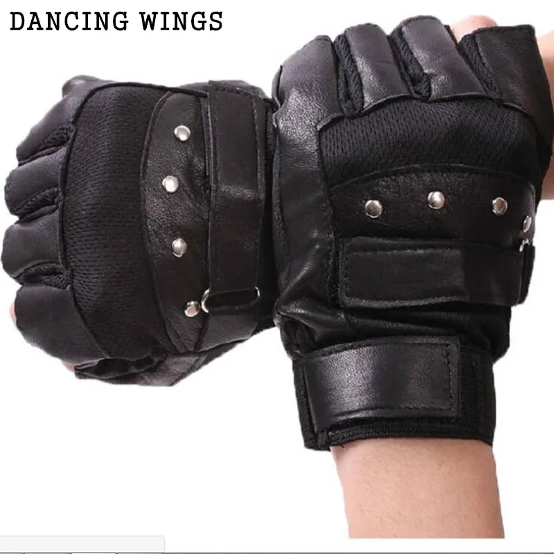 

Personality Rivets Men Pu Leather Gloves Black Half Finger Sheep Leather Fingerless Gloves Outdoor Sports Fitness Riding Gloves