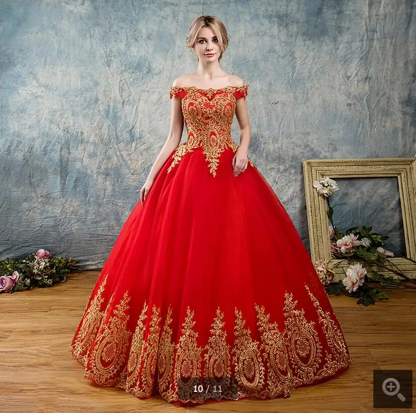 

abiti da sposa ball gown red gold lace appliques wedding dress off the shoulder princess puffy sexy bride gowns Vestido De Novia