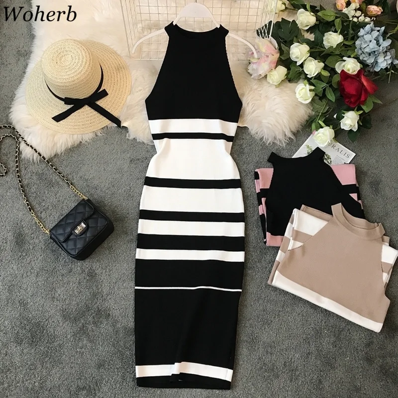 

Woherb Summer Knitted Halter Tank Dress Women Vintage Striped Print Sleeveless Bodycon Dresses Robe 2019 Ladies Sexy Vestidos