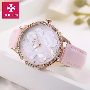 Mother-of-pearl Four-Leaf Clover Julius Lady Women's Watch Japan Quartz Fine Fashion Hours Bracelet Real Leather Girl's Gift colorful crystal top julius lady women s watch miyota cute knot fashion hours real leather bracelet children girl s gift box