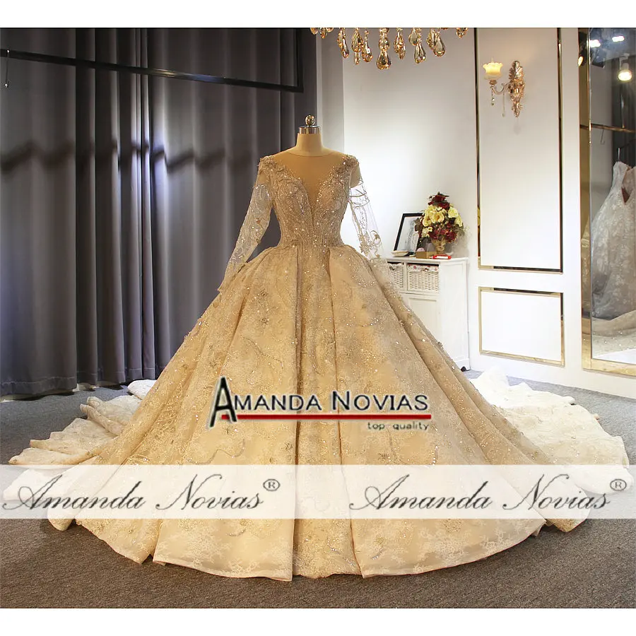 Высококачественное роскошное свадебное платье с длинным шлейфом цвета шампанского с длинными рукавами с бисером