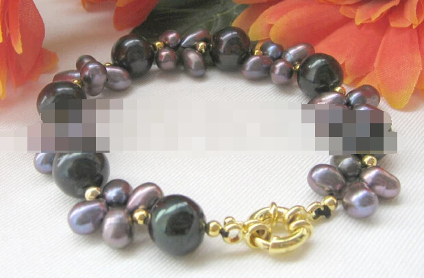 

free shipping 00863 black freshwater pearl bracelet
