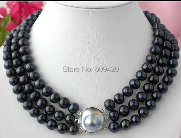 

Free Shipping >>>>3ROW 8-9MM BLACK ROUND FW PEARL NECKLACE SILVER MABE