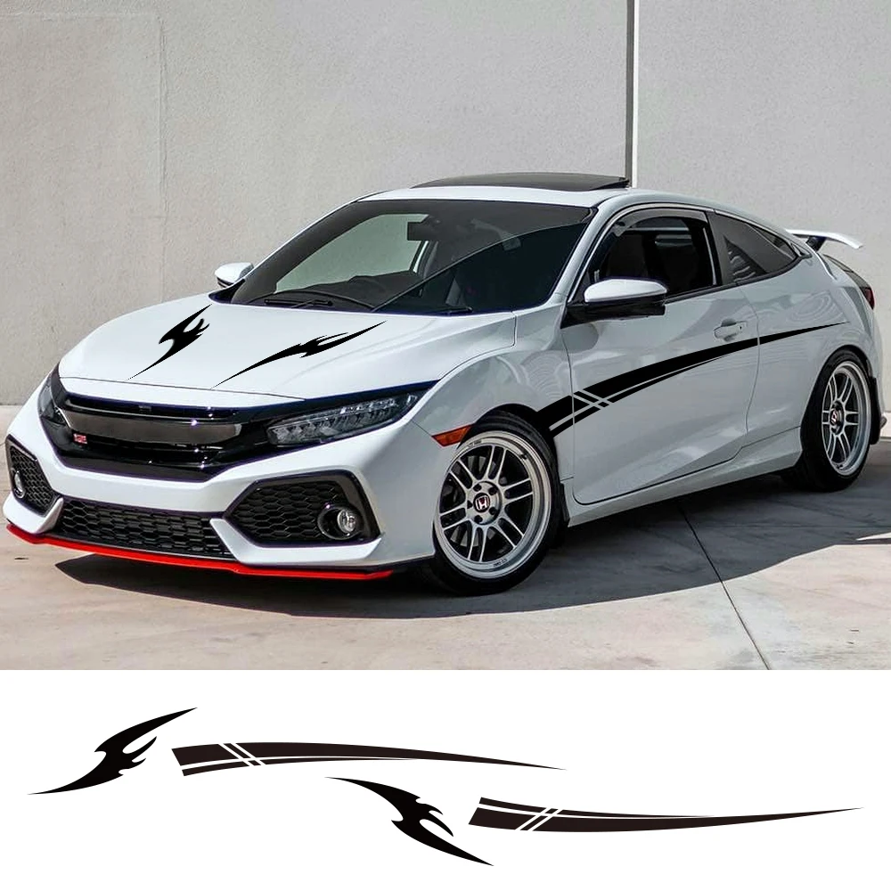

2PCS Car Stickers Styling Engine Hood Auto Door Side Skirt Stripes Decal For Honda Civic Racing Auto Body Decoration Accessories