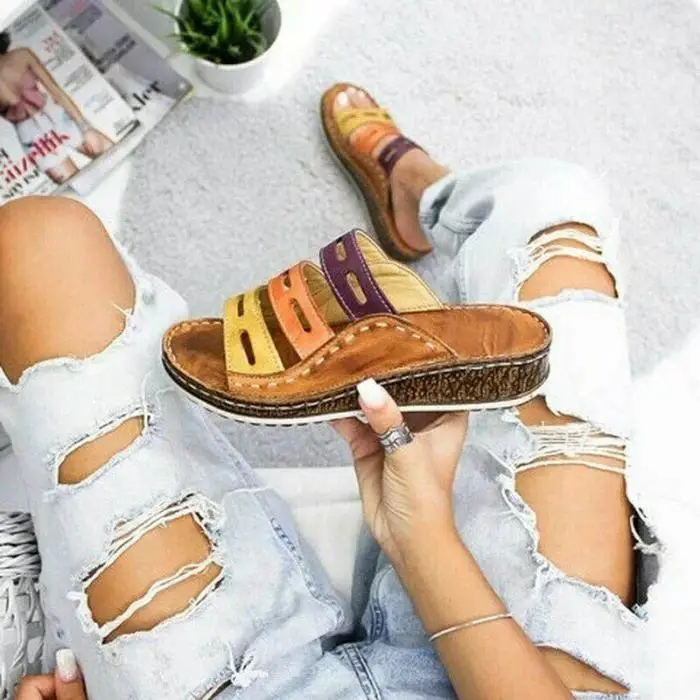 Женские трехцветные сандалии с вышивкой; летняя пляжная обувь для путешествий; FH99
