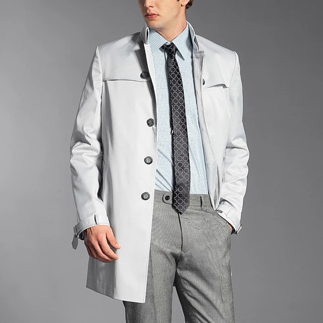 Classic Men's Custom Light Grey Trench Coat European and
