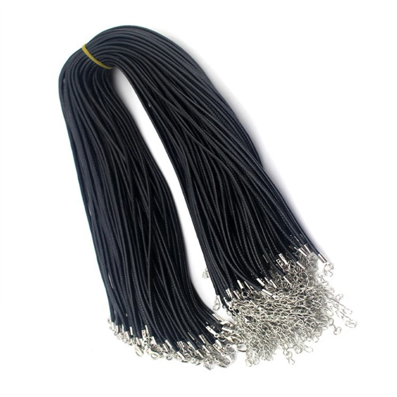 

100pcs 1.5mm Black Wax Leather Cord Snake Necklace Beading Cord String Rope Wire 45cm+5cm Extension Chain with Lobster Clasp DIY