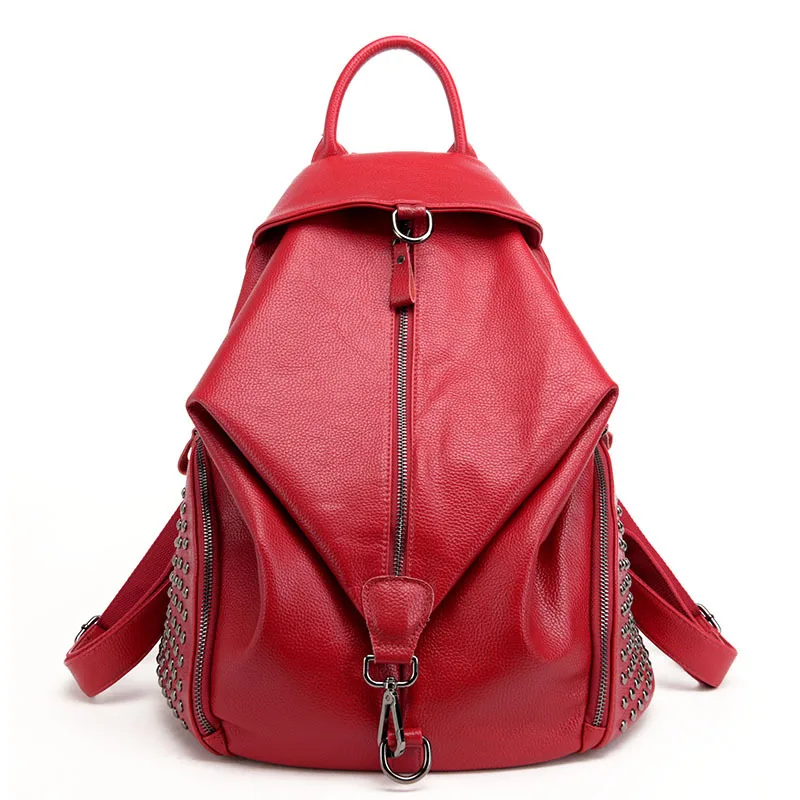 

Fashion DesignGenuine Leather Women Rivets Backpack Casual School Bags For Teenagers Girls High Quality Female Travel BackPacks