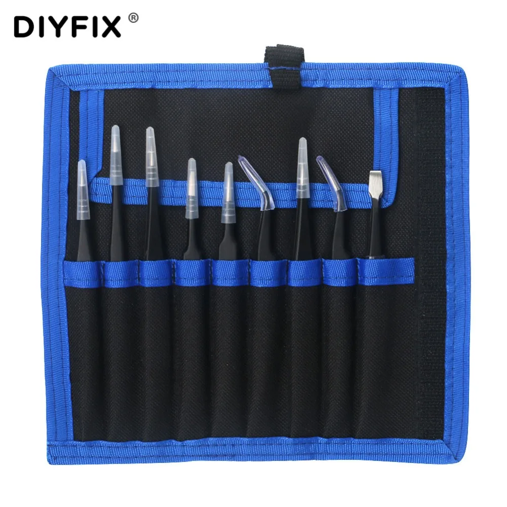 DIYFIX 9 in 1 ESD Precision Stainless Steel Tweezers Set Anti Static Repair Tools Kit for