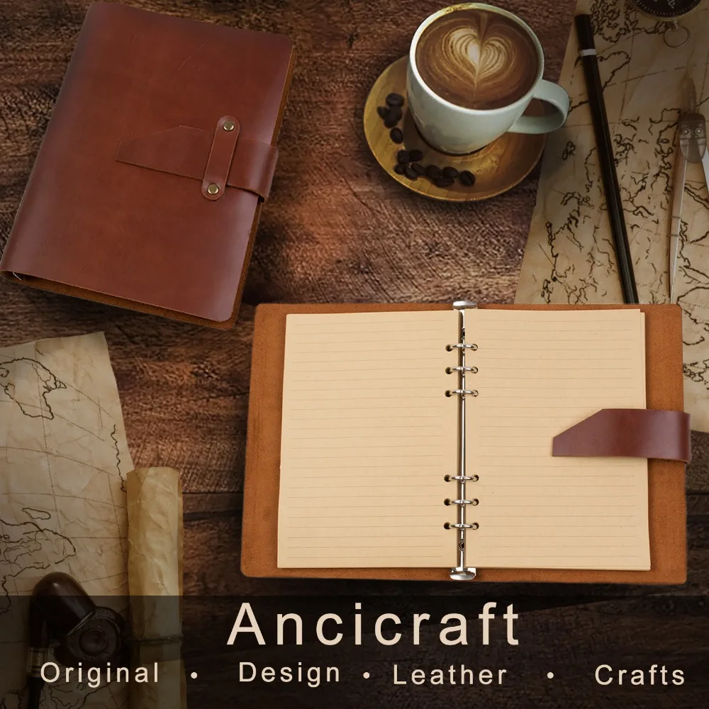 Anciccraft кожаный дневник, записная книжка, многоразовый планировщик с ремешком, 6 колец, папка-вкладыш, А5, А6, пустая подкладка, крафт-бумага