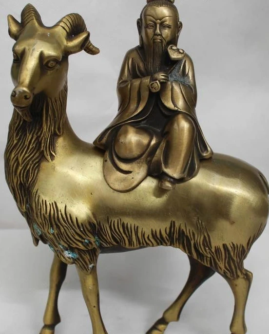 

10" Chinese Folk Fengshui Bronze Lucky Ruyi Taoist Buddha Ride Deer Statue