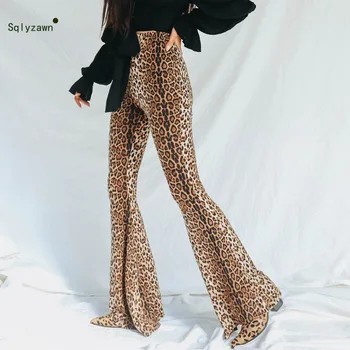 

Women Sexy Leopard Pattern Flare Pants Streetwear Elastic High Waist Long Trousers 2019 Vintage Printed Bell Bottom Long Pants