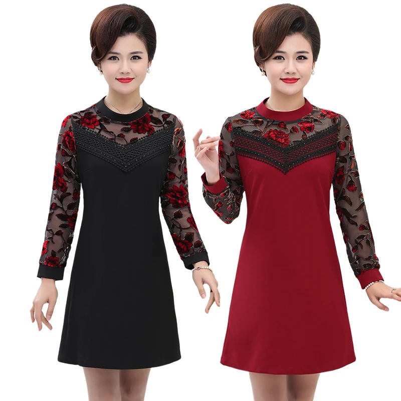 

Lace Embroidery Women Dresses 2019 Spring Autumn Chiffon Long Sleeve Dress Elegant Party A Line Mother Clothing 5XL Plus Size