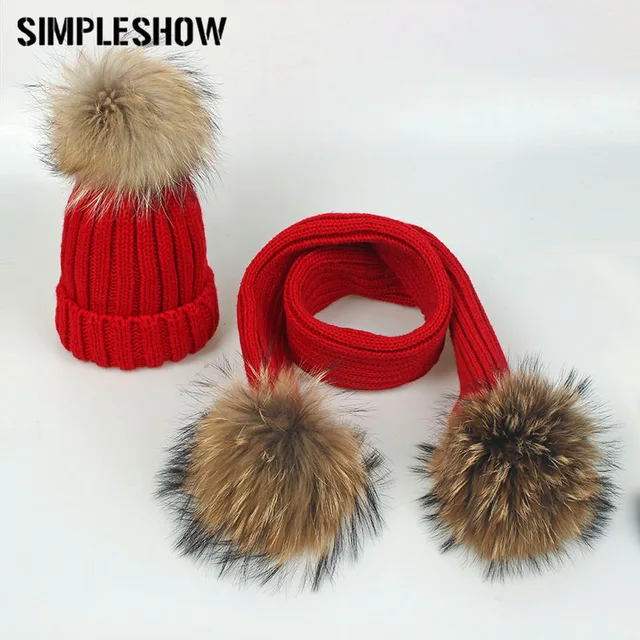 SIMPLESHOW Children Pompoms Winter Hat Scarf Set Girls Boys Winter Knitted Caps Scarves Kids Set 2 Pieces Warm Thack Hat Scarf