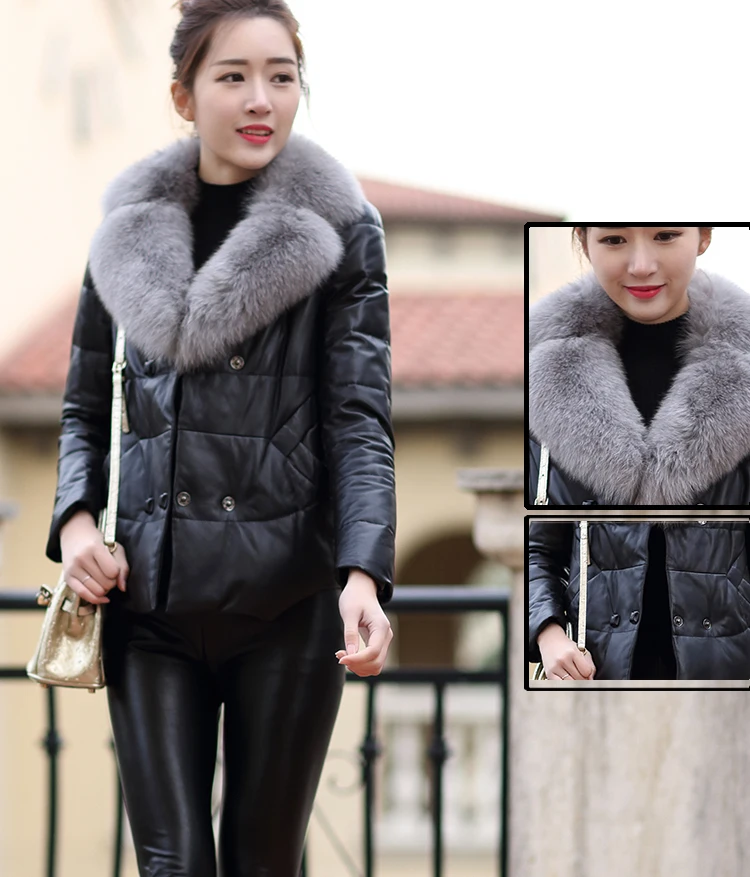 KMETRAM женские Модные плюс Размеры натуральная куртка из овечьей кожи куртка-бомбер из натурального Лисьего меха, пальто, кожаная куртка 3XL HH672