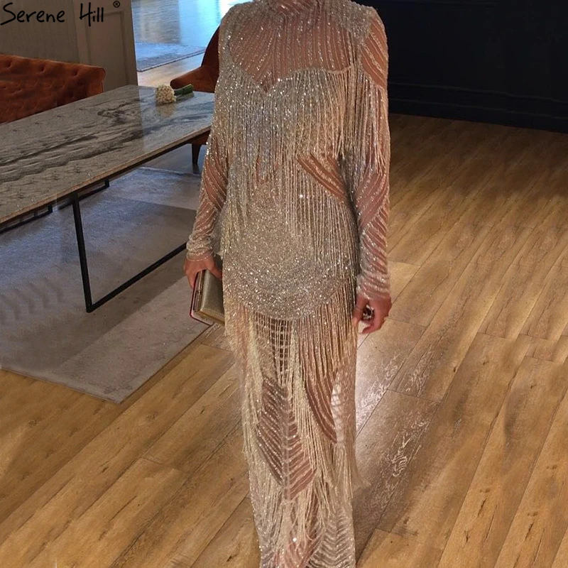 

Silver Beading Tassel Long Sleeves Evening Dresses 2019 New Dubai Perspective Sexy Fashion Evening Gown BLA6662