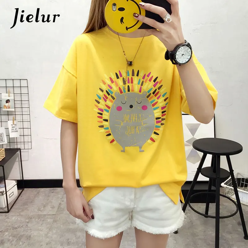 Jielur 5 цветов мультфильм Ежик печатных футболки для женщин Корейский шик короткий