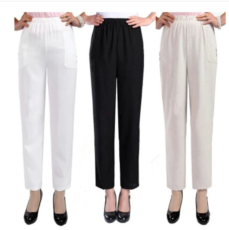 Women Mother Cotton&Linen Pants Elastic Waist Fashion Summer Capris