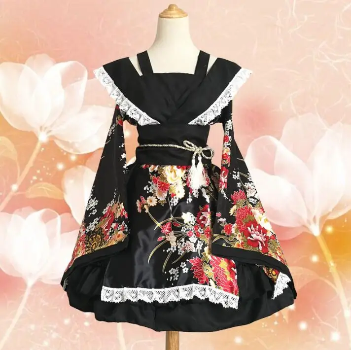 

Lolita GokuRakuJoudo Flower Kimono Yukata Maid Dress Meidofuku Uniform Outfit Anime Cosplay Costumes