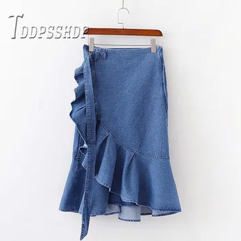 

2019 High Waist Ruffles Irregular Women Denim Skirt Spring Summer Female Skirts