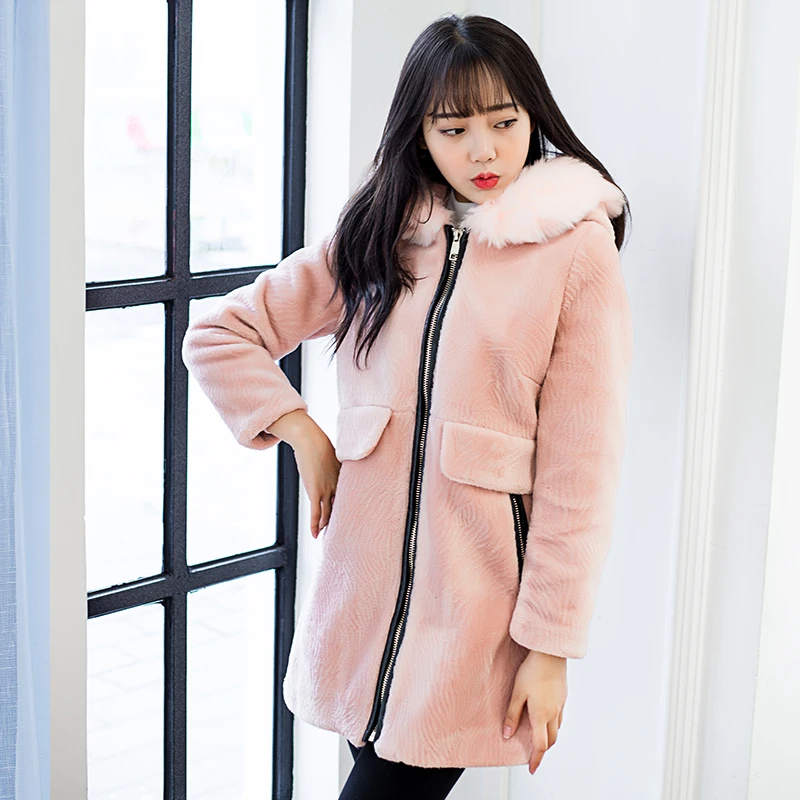 Tempérament Mouton À Femme gris 2017 Nouveau Renard Rouge Laine Col Manteau Paragraphe Capuche En Cisaillé Fourrure Long De Mode rose afSSO