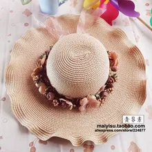 Flower strawhat large brim hat wave female summer sunbonnet sun folding beach cap
