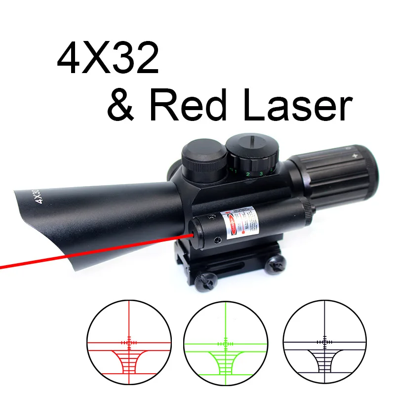 

Riflescope Red Laser Combo Optic Sight 4X32 Tactical Reticle Illumination Hunting Scope Airsoft Rifle Outdoor Collimator Sight