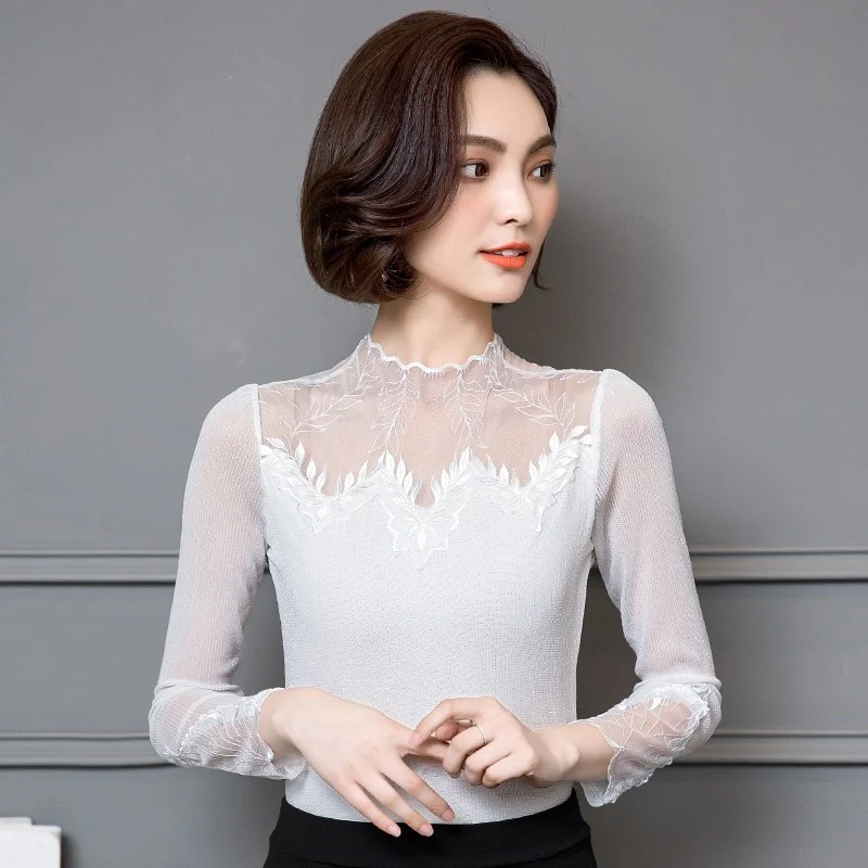 Ажурные женские весенние и осенние стильные кружевные блузки рубашки
