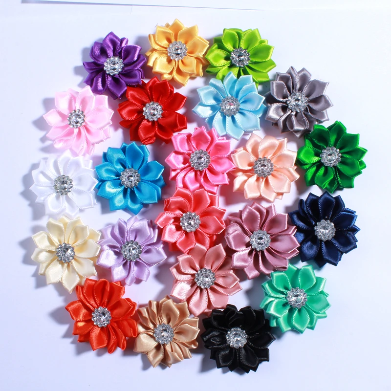 50PCS 4CM Multilayer Mini Satin Flower With Acrylic Button Silk Ribbon Fabric Flower For Head Wear U Pick Color