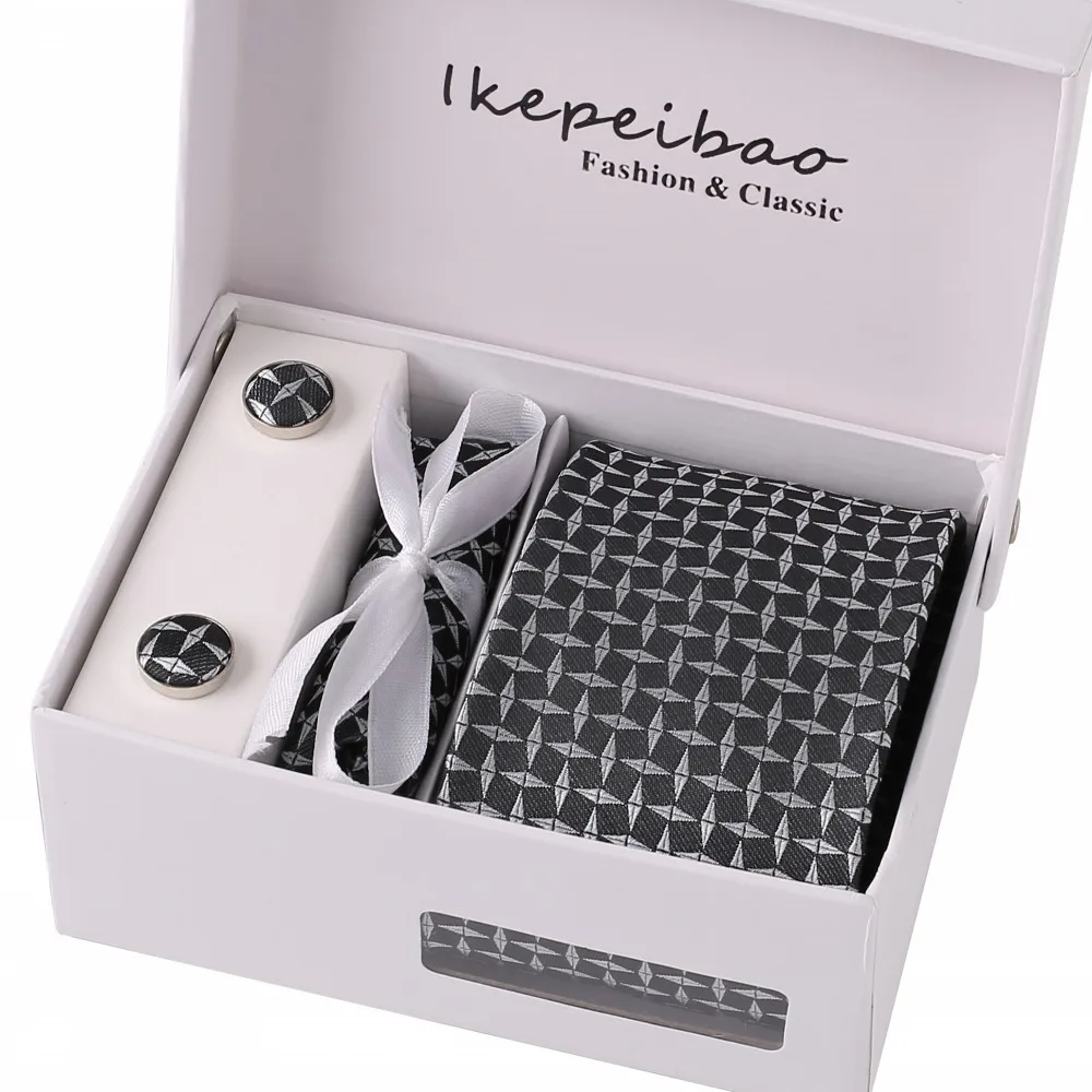 

Fashion Factory Direct Men Ties Gray Black Star Necktie Sets Cufflink Hanky Jacquard For Man Bussines Corbatas Wedding Party Nec