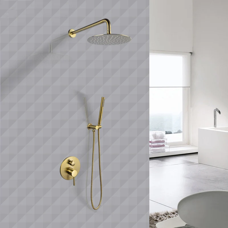 

Cold and hot water all copper wire drawing gold concealed flower sprinkled into wall shower suit circular Hotel embedded booster