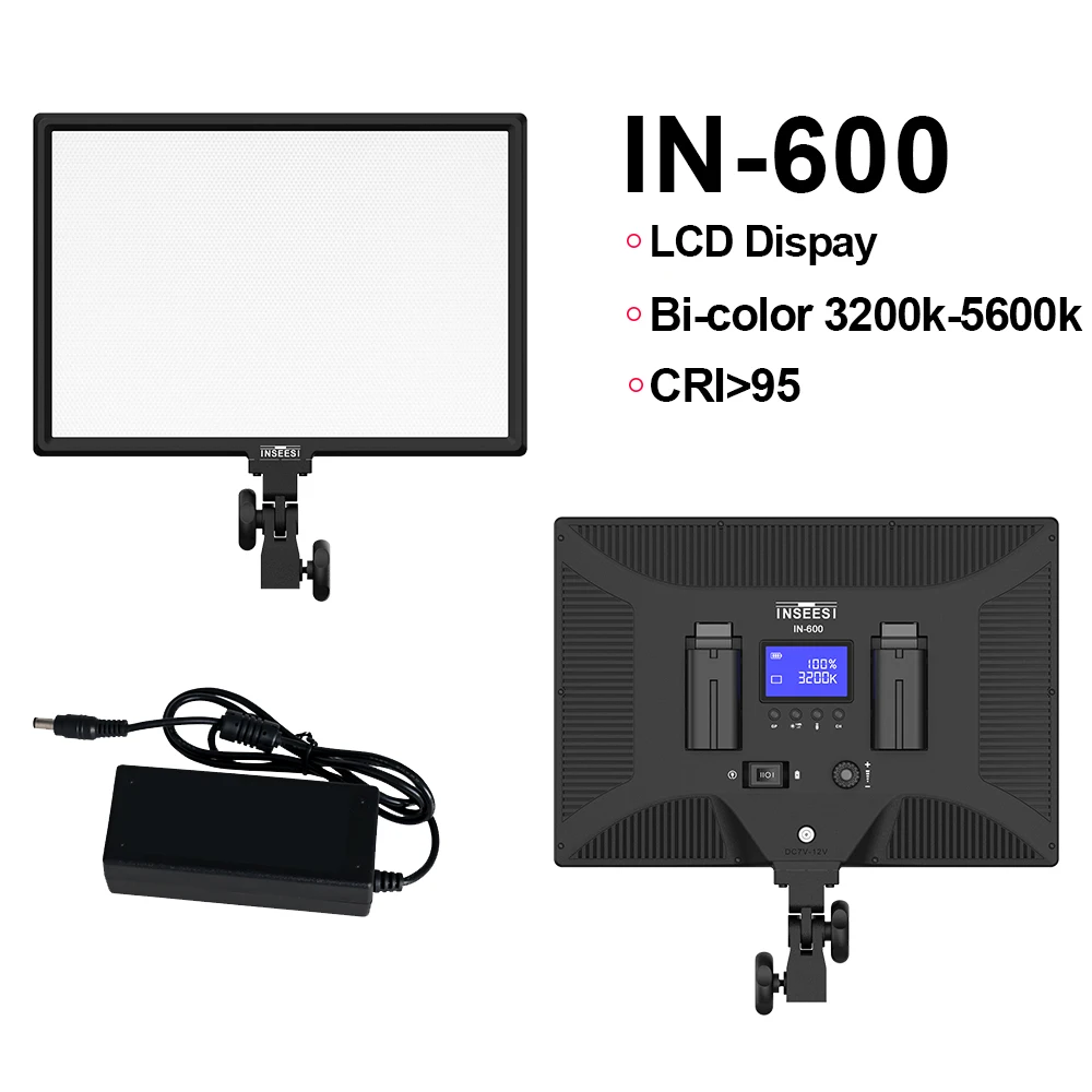 IN-600 LED Video Light Bi-Color 3200K-5600K Dimmable LCD Display DSLR Studio LED Lamp Panel for Canon Nikon Camera DV Camcorder