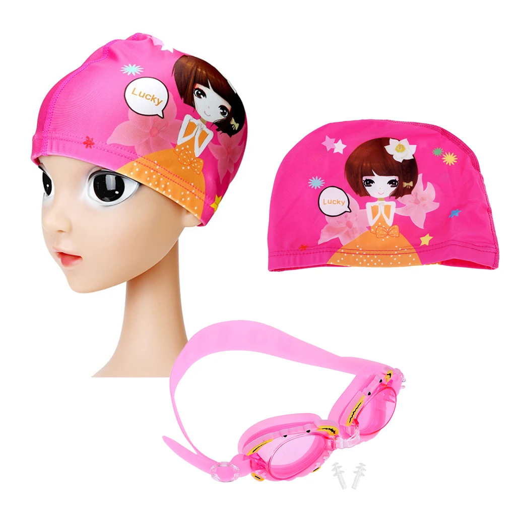 

Kids Swim Cap Waterproof Swimming Pool Hat and Girls Anti-Fog Google Glasses with Earplug and Protective Case