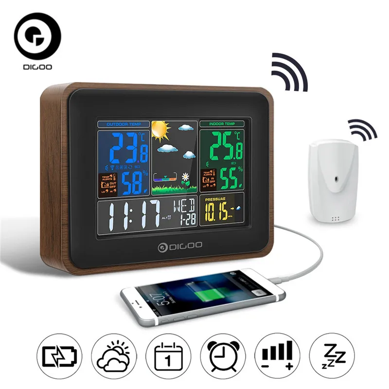 

Digoo DG-TH8878 Wireless Weather Station Color Screen Digital USB Humidity Thermometer Temperature with Outdoor Sensor Clock