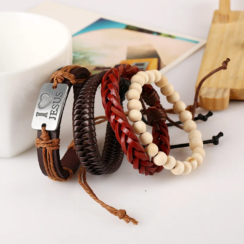 

4pcs/set Boho Gypsy Hippie Punk Dark Brown Leather I Love Jesus Word Tag Charm Beige Wooden Bead Cord Wrap Bracelets Set for Man
