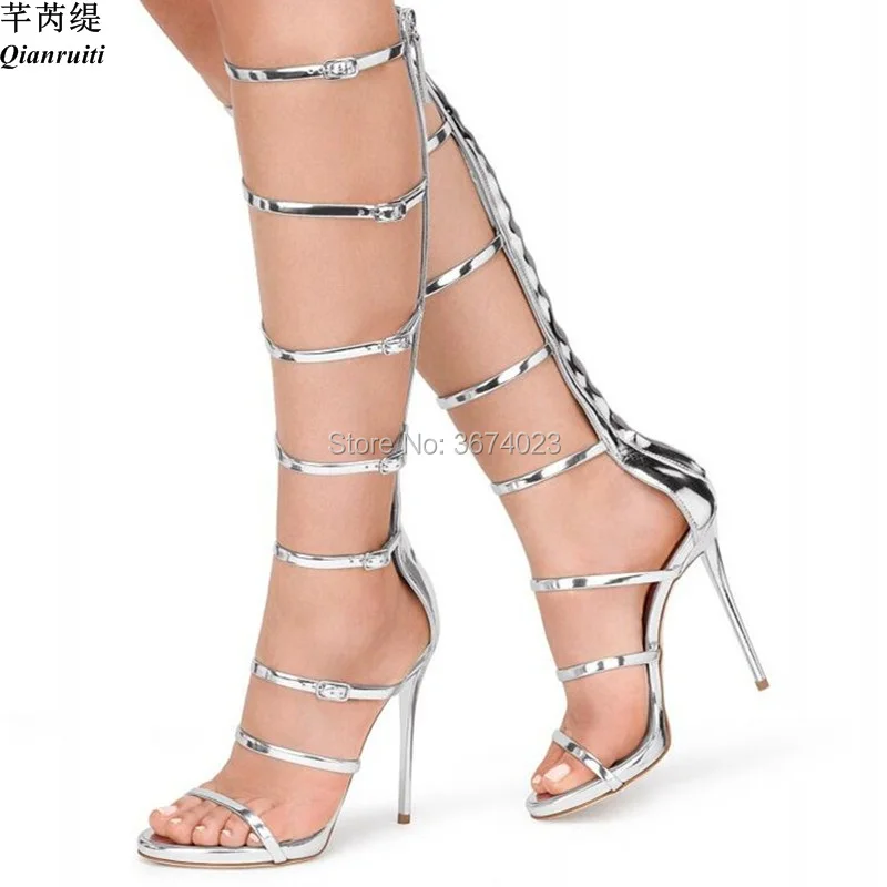 

Qianruiti Plus size 43 Summer Rome Knee High Sandals Gold Silver Metallic Cages High Heels Lady Gladiator Cut Outs Sandals Mujer