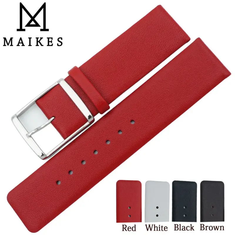 MAIKES New Fashion Genuine Leather Watch Band Strap Whit Stainless Steel Buckle  Red Thin Watchbands For CK Calvin Klein