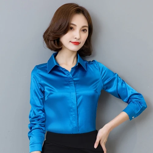 TingYiLi, весна-осень, атласная блузка для женщин, цвета шампанского, синий, красный, черный, белый, длинный рукав, блузка, рубашка, элегантные офисные женские рубашки - Цвет: Синий